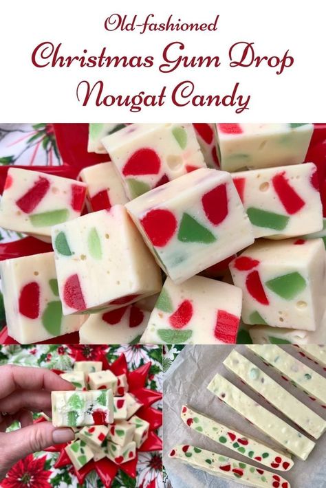 Collage of Christmas gum drop nougat candy in squares, in a hand, and on a cutting board. Christmas Gumdrop Nougat, Christmas Recipes Sides, Gumdrop Nougat, Old Fashioned Christmas Candy, Nougat Recipe, Nougat Candy, Holiday Candy Recipes, Milk Chocolate Fudge, Gum Drop