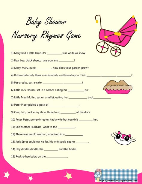 Baby Shower Bag Games | rhyme game for baby shower in pink color if you are having a girl baby ... Free Baby Shower Games Printables, Free Baby Shower Games, Nursery Rhymes Games, Free Baby Shower, Shower Bebe, Fun Baby, Baby Shower Planning, Baby Shower Fun, Printable Baby Shower Games