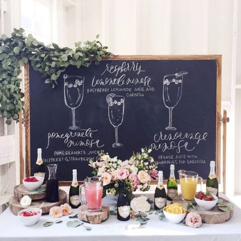 This chalkboard bar sign politely suggests how to mix it up at the champagne bar Bridal Shower Bar, Wedding Brunch Reception, Cocktail Station, Drink Display, Shower Bar, Bubbly Bar, Champagne Brunch, Bridal Shower Inspiration, Champagne Bar