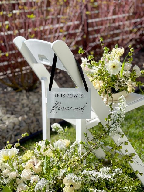 Our elegant and practical reserved row sign was designed specifically with your wedding ceremony in mind! Our beautifully crafted sign adds a touch of sophistication and functionality to your wedding ceremony. Choose from 5x7, 8x10" rectangular or 8x12" scalloped acrylic signs - large enough to be noticed by your guests to alert them that this row is reserved without being overwhelming! Our signs can easily be placed on any chair or row, providing clear indication to your guests that these seats Reserved Seating Wedding, Reserved Wedding Signs, Ceremony Signage, Wedding Ceremony Chairs, White Wedding Ceremony, Wedding Chair Signs, Greenery Wedding Decor, Sign For Wedding, Reserved Seating