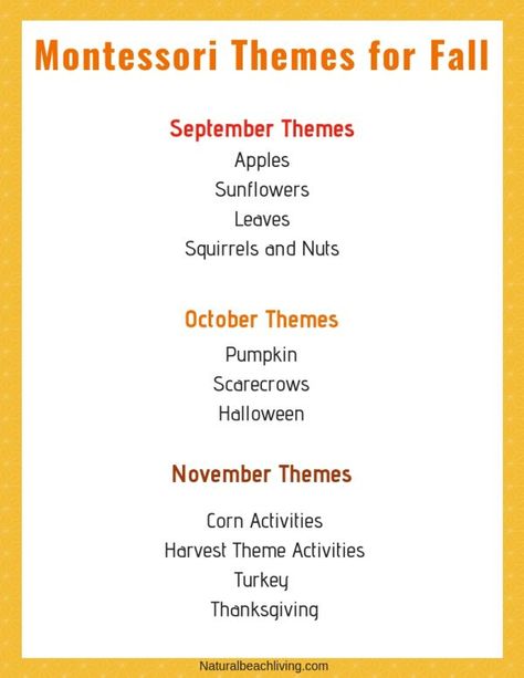 100+ Montessori Activities for Fall, Fall Themes, Fall Themes for Preschool, Montessori Monthly Themes, September Preschool Themes, October Preschool Themes and November Preschool Themes and Activities for Preschool and Kindergarten #fallthemes #fall #montessori #preschool #kindergarten #freeprintables #preschoolthemes Montessori Monthly Themes, Montessori Lesson Plans Template, November Preschool Themes, September Preschool Themes, October Preschool Themes, Themes For Preschool, Montessori Lesson Plans, October Lesson Plans, November Preschool