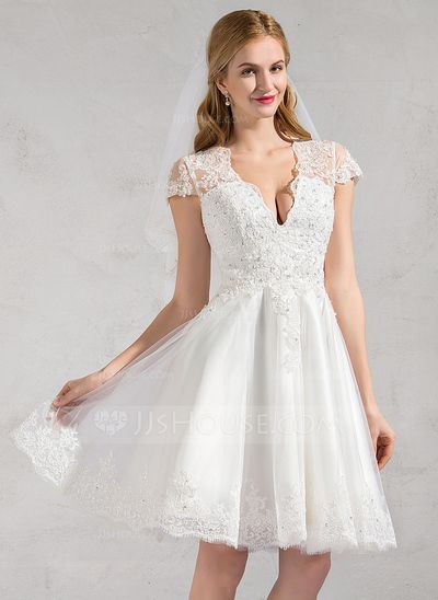 [£109.00] A-Line/Princess V-neck Knee-Length Tulle Wedding Dress With Lace Beading Appliques Lace Sequins Wedding Dress Tulle Lace, Wedding Dresses Under 100, Knee Length Wedding Dress, Wedding Applique, Lace Beading, Wedding Dress With Lace, Bow Wedding Dress, Buy Wedding Dress, Wedding Dress Sequin