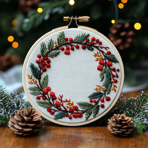 Add a festive touch to your holiday decor with this Winter Wreath Hand Embroidery Pattern! 🌟 Perfect for embroidery enthusiasts of all levels, this design features a beautiful wreath adorned with red berries and evergreen leaves. 🌲 Create stunning hoop art that brings the warmth of the season into your home. This pattern makes embroidery stitching a delightful experience. Let’s stitch and celebrate the holiday spirit! #HolidayDecor #HandEmbroidery #WinterWreath #EmbroideryPattern Decorate With Embroidery, Christmas Wreath Embroidery Patterns, Christmas Themed Embroidery, Christmas Hoop Embroidery, Embroidery For Christmas, Cross Stitch Christmas Wreath, Embroidery Christmas Decorations, Holly Embroidery Pattern, Embroidery Inspiration Christmas