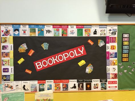 Our Sept.  Bookopoly board School Library Bulletin Boards, Reading Display, Library Games, School Library Displays, Library Bulletin Board, Reading Bulletin Boards, Middle School Libraries, Library Themes, Library Book Displays