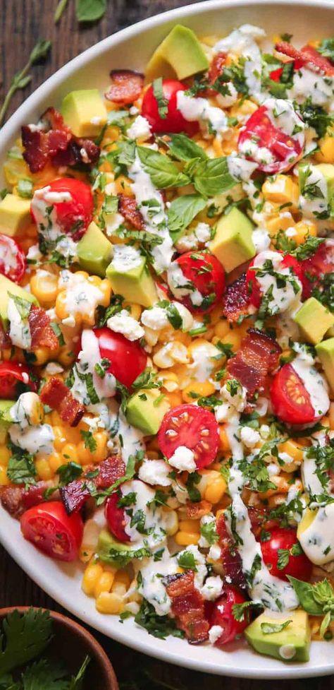 Avocado Corn Tomato Salad with Bacon and Creamy Cilantro-Lime Dressing Corn Tomato Salad, Bbq Parties, Corn Avocado, Summer Bbq Recipes, Cookout Side Dishes, Corn Avocado Salad, Bbq Salads, Bbq Side Dishes, Side Salad Recipes