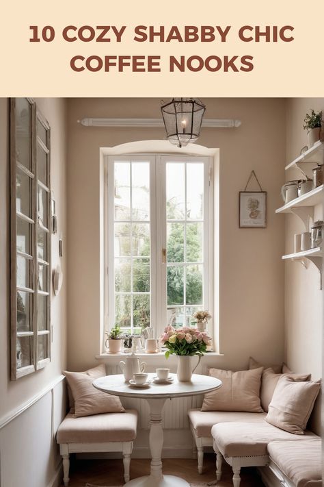 A beautiful shabby chic coffee nook showcasing floral arrangements and soft seating. This cozy corner is perfect for any coffee lover looking for vintage charm combined with modern comfort. One image capturing the elegance of shabby chic style. Cafe Seating In Kitchen, Cozy Coffee Nook, Coffee Nooks, Seating In Kitchen, Nook Inspiration, Cafe Seating, Coffee Nook, Cozy Coffee, Kitchen Corner