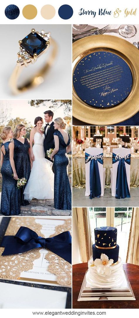 This color palette is elegant and dreamy,  blue and gold classic wedding party ideas Navy Gold Wedding Invitations, Blue And Gold Wedding, Navy Gold Wedding, Wedding Invitations With Pictures, Wedding Color Combos, Glitter Wedding Invitations, Navy Wedding Invitations, Trendy Wedding Invitations, Wedding Colors Blue