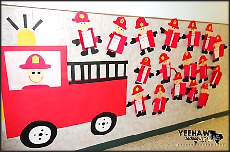 Community Helpers Bulletin Board, Fire Prevention Crafts, Community Helpers Art, Fire Safety Preschool Crafts, Fireman Crafts, Community Helpers Preschool Crafts, Fire Safety Theme, Fire Safety Activities, Community Helpers Preschool Activities