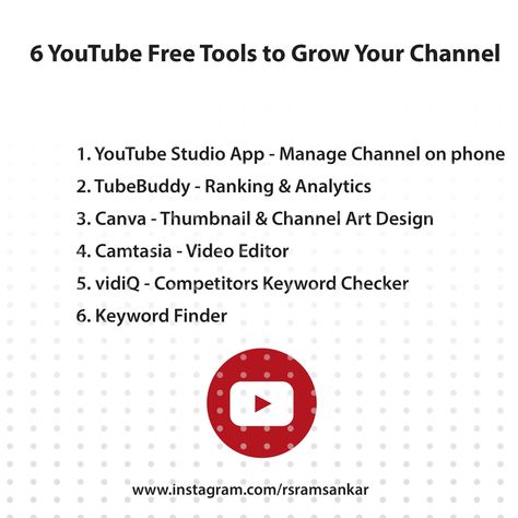 6 YouTube Free Tools to Grow your Channel1YouTube Studio AppManage Channel on phone2TubeBuddyRankingAnalytics3CanvaThumbnailChannel Art Design4CamtasiaVideo Editor5vidiQCompetitors Keyword Checker6Keyword FinderThese tools have a very high valueused by a large number of youtubecreatorIf you are planning for a youtubechannel you should try these firstFOC (Free of Chargewith free version limitation but very usefulyoutube youtubers How To Manage Youtube Channel, Tools For Youtube Channel, Apps For Youtube Channel, Youtube Art Channel Ideas, Keywords For Youtube, Art Youtube Channel Ideas, How To Grow On Youtube, Youtube Channel Thumbnails, Youtube Studio Ideas