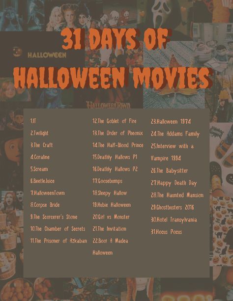 31 Horror Movies For October, 31 Days Of Halloween Movies, Halloween List, Halloween Mood Board, Disney Movie Night Food, Madea Halloween, Scary Movies To Watch, Halloween Is Cool, Halloween Movies List