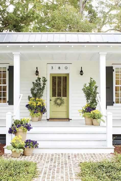 Cottage Exterior Shutters, Cottage Home Exterior Paint Colors, Porch Color Ideas Paint, Front Door White House, Cottage Exterior Paint Colors, Back Porch Door, Southern Cottage Interiors, Painted Front Door Ideas, Cottage Front Door