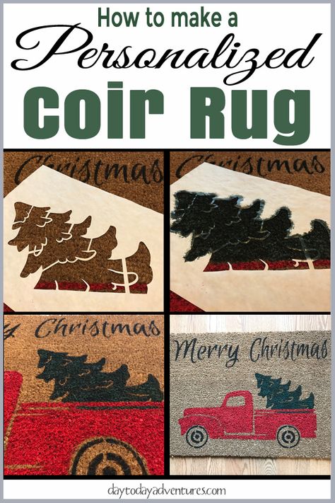 How to make a personalized coir rug using freezer paper and paint! Homestead Crafts, Rug Painting, Doormat Diy, Coir Rug, Paint Door, Freezer Paper Stenciling, Door Mat Diy, Rug Tutorial, Christmas Rugs