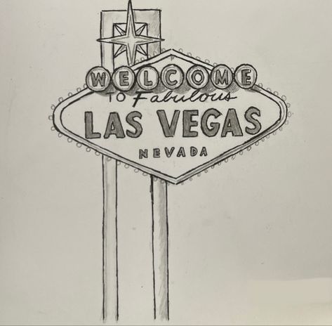 A pencil drawing of the “Welcome to Fabulous Las Vegas” sign. Las Vegas Drawing Art, Las Vegas Doodles, Famous Landmarks Drawing, Vegas Doodles, Vegas Sign Drawing, Las Vegas Sign Drawing, Casino Drawing, Las Vegas Drawing, Vegas Drawing