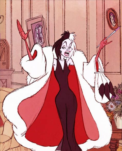 cruella deville 101 Dalmations Disney animated... A Woman, Black And White, Disney, Red, White, Black