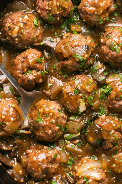 Ultimate Salisbury Steak Meatballs, Baked Salisbury Steak Meatballs, Salsbury Steak Frozen Meatball Recipe, Salisbury Steak Meatballs With Mushroom Gravy, Baked Salisbury Steak Oven, Salisbury Steak Meatballs Recipe, Meatballs With Mushroom Sauce, Salary Steak Meatballs, Salisbury Steak Meatballs Stovetop