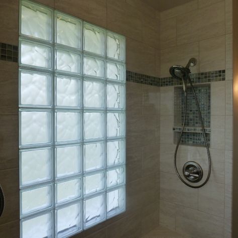 Glass block window design Columbus Ohio Installation | Innovate Building Solutions | #GlassBlockWindow #DesigningShower #BathroomShower #ShowerWindow Tile Shower With Glass Block Window, Large Window In Shower Solution, Rain Glass Window Bathroom, Shower With Block Window, Update Glass Block Window, Glass Block Window In Shower Ideas, Glass Block Bathroom Ideas, Glass Block In Bathroom, Glass Block Window Ideas