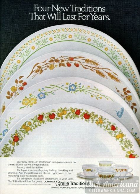 Corelle Traditions livingware: 4 new designs (1981) Corningware Vintage, Corelle Patterns, Corelle Dishes, Fashion Coloring Book, Corelle Dinnerware, Vintage Corelle, Vintage Dishware, Vintage Dinnerware, Love Vintage