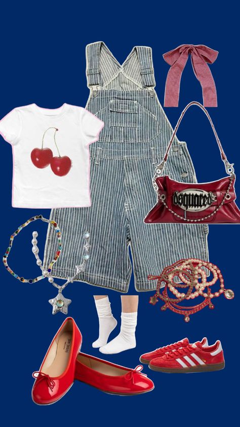 Red Overalls Outfits, Eunice Core, Artsy Outfit Summer, Funky Outfits For Women, Overalls Shorts Outfit, Short Overalls Outfit, Overalls Outfit Short, Overalls Outfits, Red Overalls