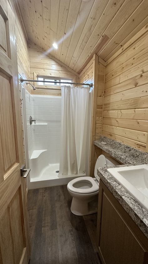 Bathroom With Shower Cabin, Knotty Pine Bathroom, Bathroom Shower Cabin, Small Cabin Shower Ideas, Cabin Washroom, Wooden Cabin Bathroom, Shed Bathroom, Tiny Home Bathrooms, Tiny Home Shed