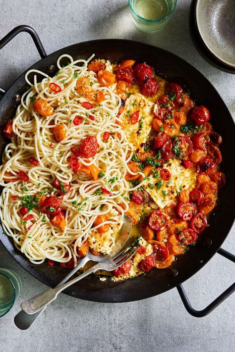 Never discount a good plate of spaghetti. We ramp up this spaghetti recipe with baked feta and tomatoes for the perfect midweek dinner. Find this and more spaghetti recipes at dish.co.nz Baked Feta With Tomatoes, Feta With Tomatoes, Dish Magazine, Baked Feta, Baked Tomatoes, Winter Dishes, Feta Pasta, Meatless Mondays, Savoury Recipes