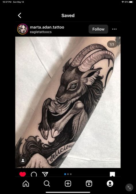 Blackwork Goat Tattoo, Goat Illustration Dark, Black Goat Tattoo, Cute Goat Tattoo, Goat Tattoo Design, Tattoo Goat, Elf Tattoo, Awful Tattoos, Goat Tattoo