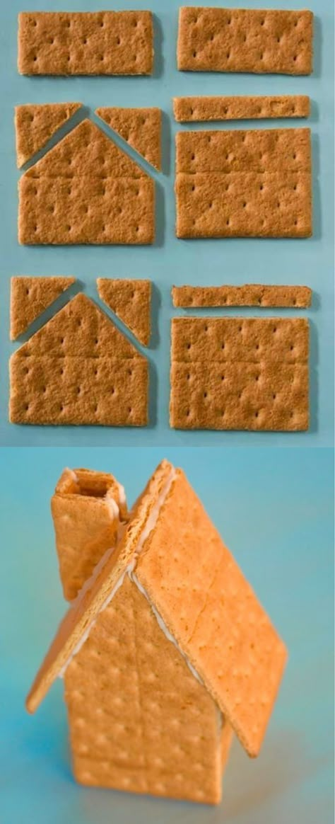 When making a gingerbread house, cut the graham crackers accordingly Graham Cracker Gingerbread, Graham Cracker House, Graham Cracker Gingerbread House, Jul Kaka, Cracker House, Gingerbread House Party, Melted White Chocolate, Gingerbread House Parties, Make A Gingerbread House