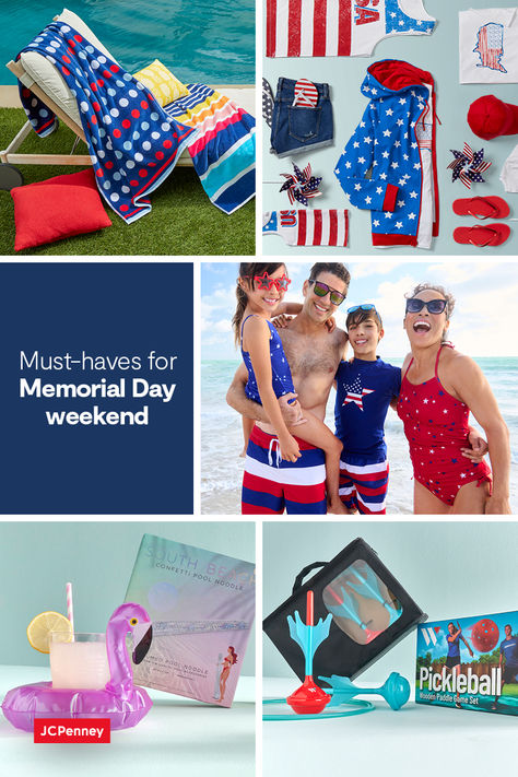 When planning your first long weekend of the summer, be sure to include games, beach towels, matching Americana outfits, swimsuits and more cool ideas from JCPenney. Ross Shopping, Diy Patriotic Decor, Texas Artwork, Boho Hippie Home, Americana Outfits, American Flag Shirts, Patriotic Treats, Camp Decor, Weekend Essentials