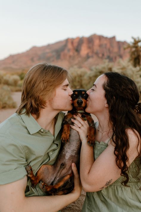 Weenie, mom & dad, Arizona, dachshund, couple photos, love Couples Session Ideas, Couple Pose With Dog, Couple Photoshoot Ideas With Dog, Couples Pictures With Dogs, Dog Couple Photoshoot, Couple Photo With Dog, Dachshund Photoshoot, Couples And Dogs Photoshoot, Fall Couples Photoshoot With Dog