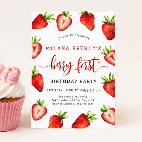 Strawberry 1st Birthday Party | Berry First Invitation First Birthday Invitation Cards, Strawberry 1st Birthday, Summer Birthday Invitations, Strawberry Theme, Berry First Birthday, Strawberry Baby, 1st Birthday Party Invitations, Fruit Summer, Strawberry Party