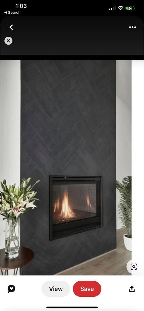 Flat Wall Fireplace Ideas, Amazing Fireplaces, Tiled Fireplace Wall, Black Fireplace Wall, Fireplace Accent Wall, Black Mantle Fireplace, Black Tile Fireplace, Fireplace Painting, Slate Fireplace Surround