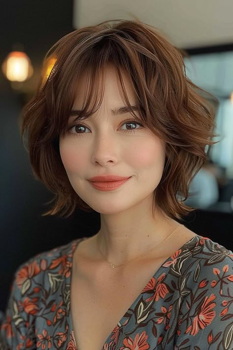 Chestnut brown layered bob with soft, wispy bangs and a gentle tousle. Bob Cut With Wispy Bangs, Textured Layered Hair, Layered Bob With Curtain Bangs, Disconnected Layers, Bob With Wispy Bangs, Woman Essentials, Brunette Tones, Pixie Cut With Long Bangs, Gentle Feminine