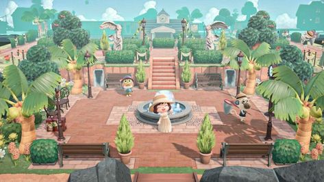 Animal Crossing Plaza Design, Animal Crossing Island Inspo Natural, Tropical Acnh Entrance, Acnh Jungle Entrance, Acnh Resort Entrance, Plaza Design Animal Crossing, Acnh Riverside Idea, Animal Crossing Resort, Acnh Entrance Designs City