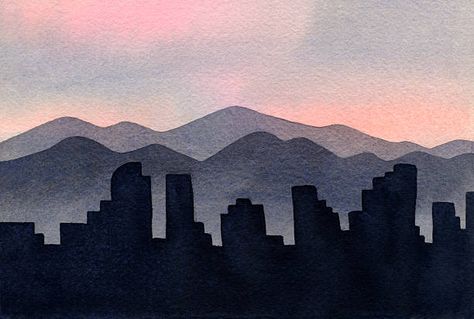 Skyline Tattoo, Watercolor Silhouette, Denver Skyline, Identity Project, Drawing Architecture, Perspective Drawing Architecture, Skyline Painting, Mountain Silhouette, Denver City