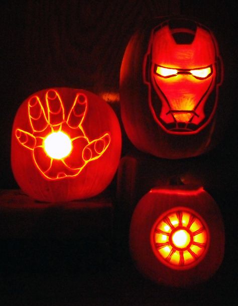 Iron Man pumpkins Ironman Pumpkin, Marvel Pumpkin Carving, Iron Man Pumpkin, Printable Pumpkin Patterns, Disney Pumpkin Stencils, Decorating With Pumpkins, Printable Pumpkin Stencils, Cute Pumpkin Carving, Pumpkin Carving Kits