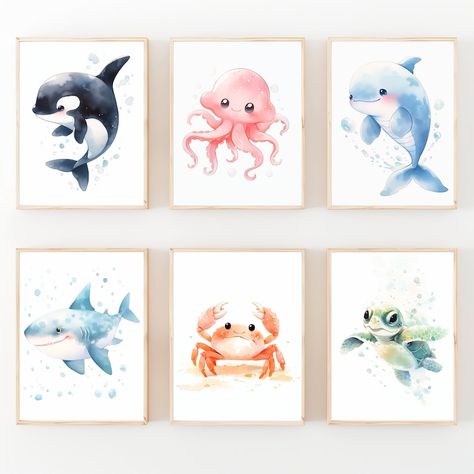 Ocean Animal Wall Art, Set of 6, Under the Sea, Baby Room Decor, Nursery Prints, Sea Themed, Printable Ocean Poster, Ocean Nursery Decor - Etsy Sweden Sea Nursery Boy, Under The Sea Nursery Girly, Under The Sea Baby Room, Ocean Baby Room, Ocean Baby Nursery, Sea Creature Nursery, Paintings For Nursery, Diy Ocean Decor, Ocean Baby Rooms