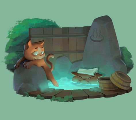 Neko no onsen. (Cat's hot spring SPA) on Behance Anime Apartment, Drawing Backgrounds, Spring Drawing, Japanese Hot Springs, Illustration Motion, Spring Games, Props Concept, Spring Illustration, Spring Spa