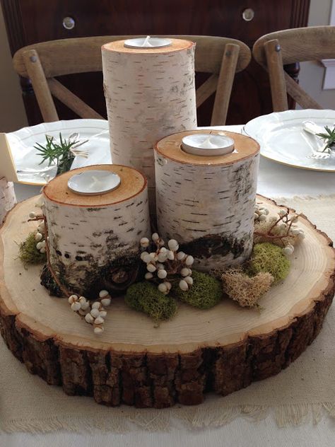 Rustic Wood Table Decor, Log Candle Holders Christmas, Log Decorations, Log Crafts, Birch Craft, Wood Log Crafts, Log Candles, Deco Champetre, Rustic Table Decor