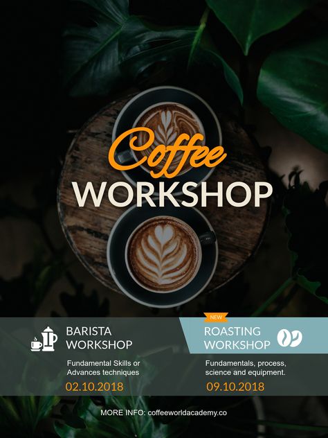 Coffee Workshop Poster Template Visme Workshop Advertisement, Workshop Poster Design, Coffee Workshop, Workshop Poster, Coffee Poster Design, Advertisement Poster, Ad Poster, Coffee Poster, Event Poster