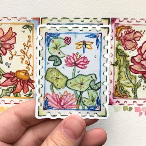 This stamp will not work for shipping out letters, it is only for decoration. My stamp sticker is of my original watercolor artwork. This stamp was inspired by lily pads at the botanical gardens that I loved. The stamp features a split back for easy peel and stick. It also is waterproof and is made to last. The sticker itself is 2.53 x 2.00" which is similar to the other stamps in this collection. Although this is only one sticker the other three can be found in my shop s well. This unique stamp Painting Aesthetics, Watercolor Lily, Nature Drawings, Watercolor Stamps, Happy Farm, Unique Stamps, Watercolor Sketchbook, Nature Drawing, Watercolor Artists