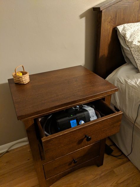 Cpap Storage Bedside Tables, Cpap Nightstand Ideas, Cpap Nightstand, Nightstand Hack, Amish Bedroom Furniture, Cpap Cleaning, Amish Bedroom, Amish Furniture Bedroom, Nightstand Ideas