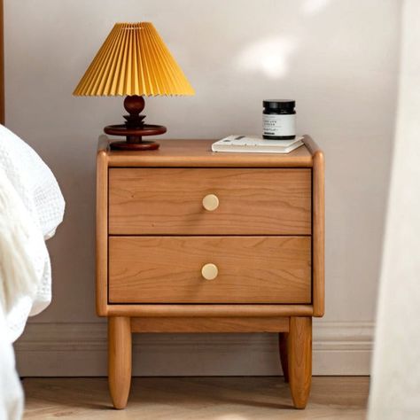 A beautiful and practical bedside table is not just a foil for the bed. Rich cherry wood + textured brass all reveal a literary and retro temperament. The "little ears" erected on the cabinet make it easy to place fragile items at hand. Two large practical drawers are easy to use hide the trivialities of life Cherry wood + brass retro The rich-colored cherry wood has a smooth and beautiful texture and a delicate and warm touch. With the brass handle like the spring sun, it is full of literary an Small Lockers, Nordic Bedroom, Modern Bedside Table, Bedside Storage, Brass Handle, Cabinet Making, Wood Nightstand, Safe Storage, Bedside Cabinet