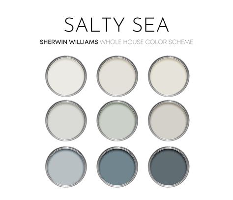 This listing is for a Sea Salt paint palette, created with Sherwin Williams paint colors and featuring the popular coastal color, Sea Salt I have carefully selected a range of 9 colors for this palette, and included options for walls, trim, furniture, cabinets and doors.  Sherwin Williams has hundreds of paint colors, each with their own unique undertones. This can make choosing the right paint colors hard. The colors in this collection were carefully selected to coordinate with each other - thi Seaglass Paint Colors, Paint Colors Beach House, Exterior Beach House Colors, Coastal Interior Paint Colors, House Paint Palette, Modern Coastal Interior, Salt Paint, Sea Salt Paint, Sherwin Williams Sea Salt