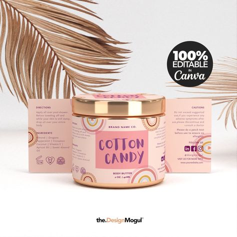 Excited to share the latest addition to my #etsy shop: Cotton Candy - DIY 100% Editable Skin Care Label, Body Butter Label, Boho Label, Custom product label, Editable Cosmetic Label, CANVA https://etsy.me/3Pt7xUG #pink #purple #bodybutterlabels #cosmeticlabels #essenti Body Butter Jar Packaging, Skin Care Bottle, Lotion Label Design, Body Butter Labels Design, Body Butter Packaging Design, Body Care Logo, Body Butter Branding, Body Butter Label Ideas, Skincare Label