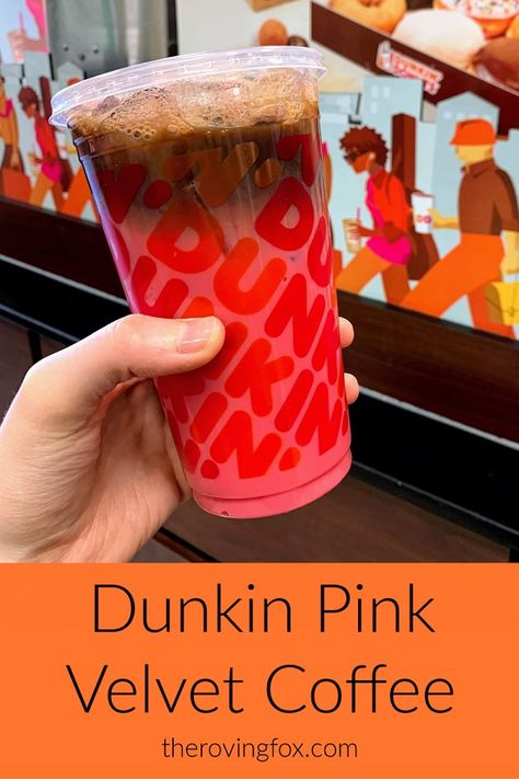 Dunkin has released its latest seasonal flavor– the Dunkin Pink Velvet Latte and Pink Velvet Macchiato. Served hot or iced, the pink hued flavor is supposed to taste like red velvet cake with notes of cream cheese. #icedcoffee Dunkin Pink Velvet Recipe, Pink Velvet Coffee Dunkin, Dunkin Pink Velvet, Pink Velvet Macchiato Recipe, Pink Velvet Macchiato, Refresher Drinks, Dunkin Iced Coffee, Macchiato Recipe, Valentine Drinks