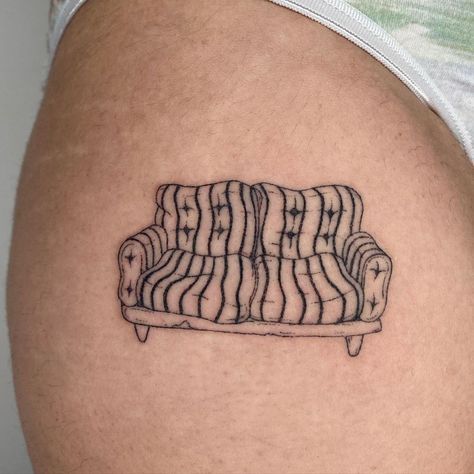 Aspen / Allison / Ochre on Instagram: “Today I learned that a sofa has arms Ans a couch doesn’t! Super fun first tattoo! Handpoked at @sangbleutattoola . . . #handpoke…” Funky Art Tattoo, Tattoo Sofa, Swing Set Tattoo, Sofa Tattoo, Over The Knee Tattoo Words, Couch Tattoo, Tattoo Around Arm, Chair Tattoo, Today I Learned