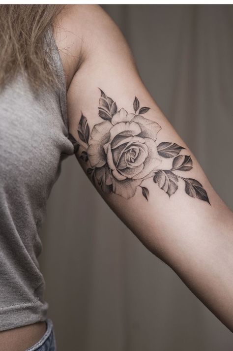 Rose & wildflowers on thigh Rose Tattoo On Bicep, Bicep Rose Tattoo, Rose Tattoo Bicep, Rose Bicep Tattoo, Rose With Leaves Tattoo, Rose Leaves Tattoo, Flower Rose Tattoo, Rose Tattoo Arm, Rose Arm Tattoo