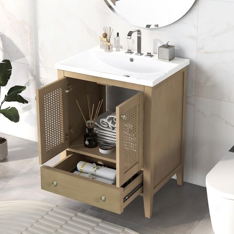 PRICES MAY VARY. Nature Style - The design of this natural bathroom vanity stems from the concept of “going back to nature”, with the comfort in use as the main guide, creating a natural , simple and elegant mood, bringing a strong natural and simple atmosphere. The natural color and clean lines of this bathroom vanity show the nature style distinctly. High Quality Material - The frame of this basin is manufactured of solid wood to ensure the stability and long-term usage. The rest of main body 24 Inch Bathroom Vanity Ideas, Small Bathroom Vanity Designs, Small Bathroom Vanity Storage, Cabinet With Sink, Small Bathroom Vanity, Teal Shower Curtains, 24 Inch Vanity, 24 Inch Bathroom Vanity, Painting Bathroom Cabinets