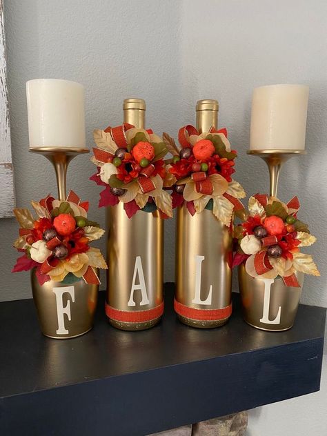 Wine Bottle Crafts Christmas, Fall Candle Holders, Wine Glass Candle Holder, Wine Glass Candle, Fall Decor Diy Crafts, Autumn Wine, Fall Candle, Wine Glass Crafts, Wine Bottle Diy Crafts