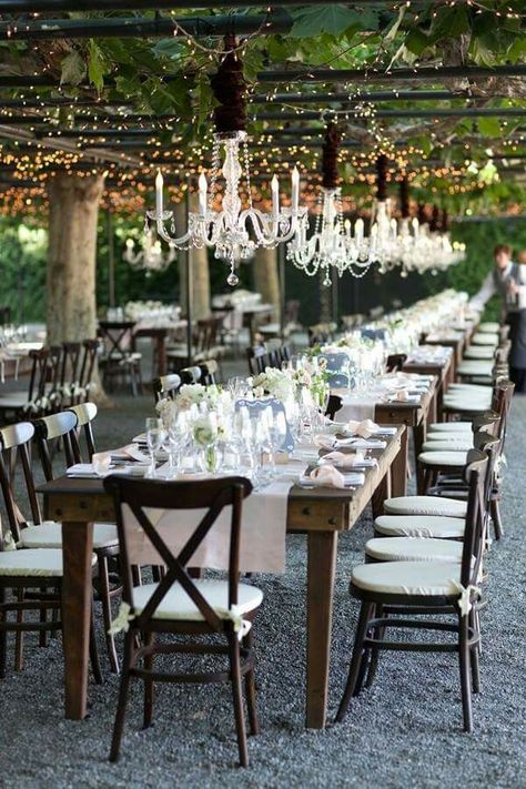 Love the pergola and pea gravel.☺ Wedding Reception On Gravel, Venue Coordinator, Glam Chandelier, Beaulieu Garden, Garden Reception, Napa Valley Wedding, Napa Wedding, Pea Gravel, Wine Country Wedding