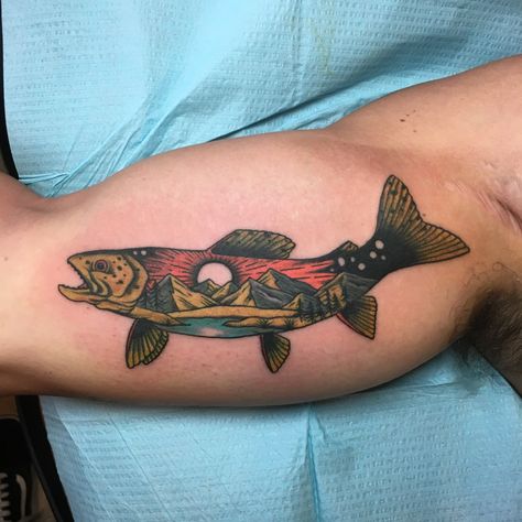 Fin and Skin with Drew Wilson - Flylords Mag Trout Tattoo Design, Arkansas Tattoo, Trout Tattoo, Fly Fishing Tattoo, Outdoor Tattoo, Hunter Tattoo, Scene Tattoo, American Traditional Tattoo Ideas, Traditional Tattoo Ideas